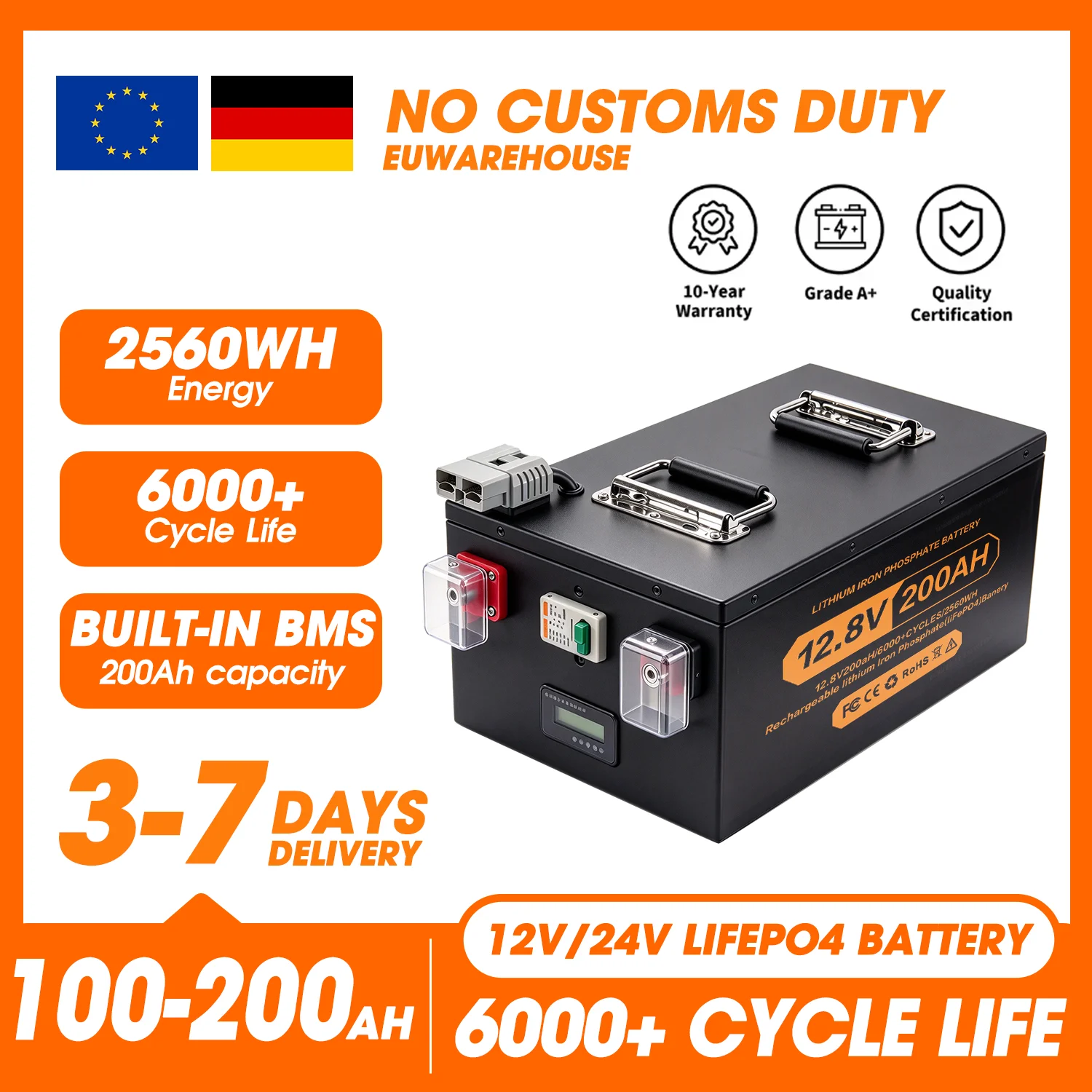 Nowa bateria litowa LiFePO4 12V 24V 100Ah 200Ah z systemem BMS 100A, ponad 6000 cykli, do inwertera, paneli słonecznych, kampera, bez podatku, szybka dostawa w UE i Niemczech.