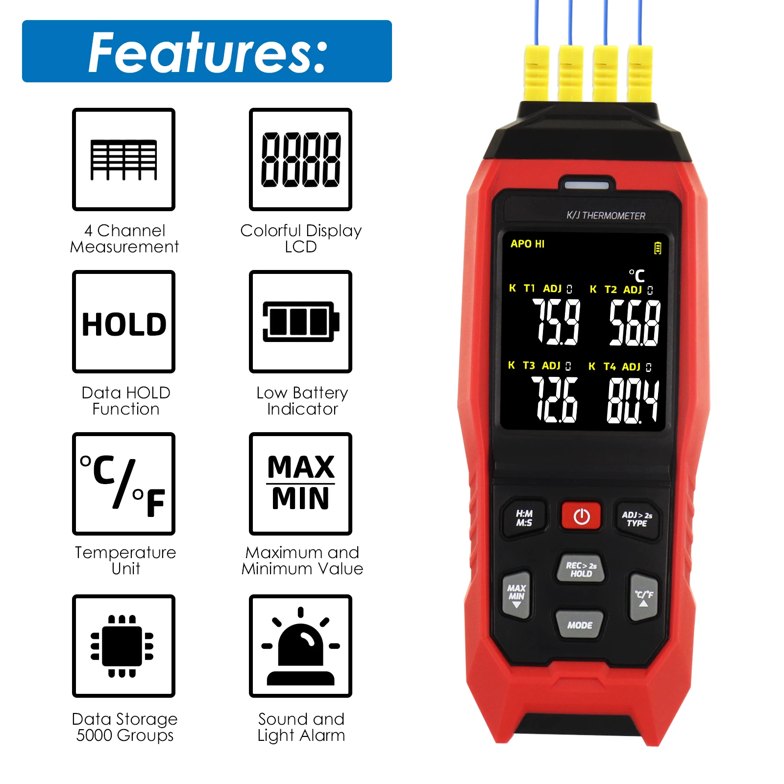 4-Channel Display K/J Datalogger Thermocouple Thermometer Real-Time Data Logging, Audible and Visible Alarm & ADJ Compensation