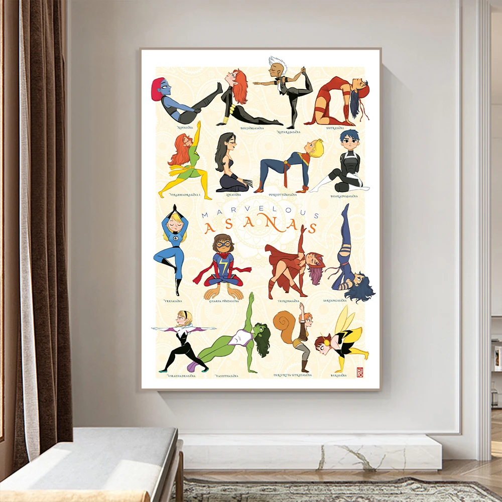 Cartoon Yoga Pose Girl Poster Printed Wall Art Marvel Heroine Figure Canvas Printed Product Living Room And Home Decoration Gift