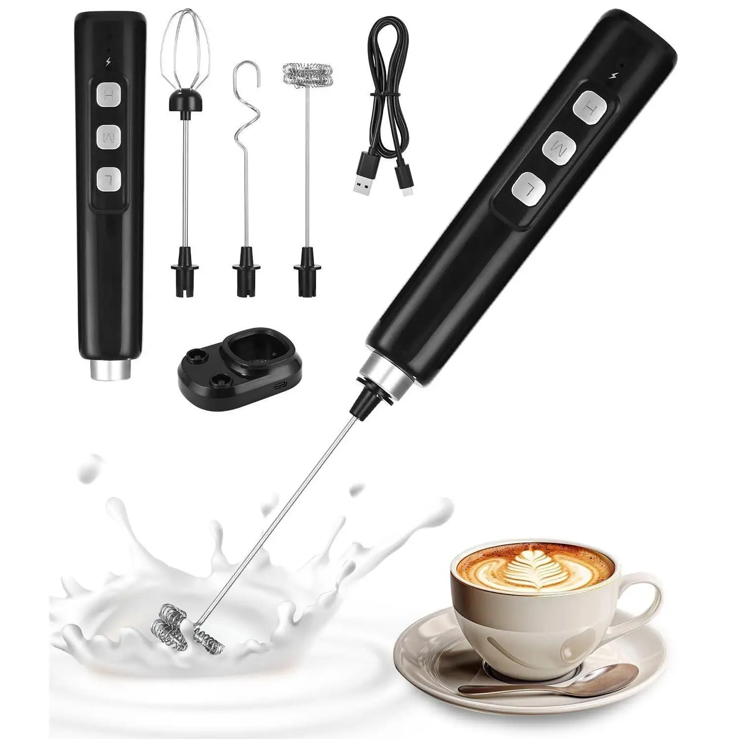 1 Set USB-Aufladbarer Handmixer Schwarz, Elektrischer Schneebesen zum Aufschlagen von Sahne, Eiern, Milch, Tragbarer Mixer für Backen, Kaffee, DIY-Basteln, Geschenk für Hobbybäcker und Kochliebhaber