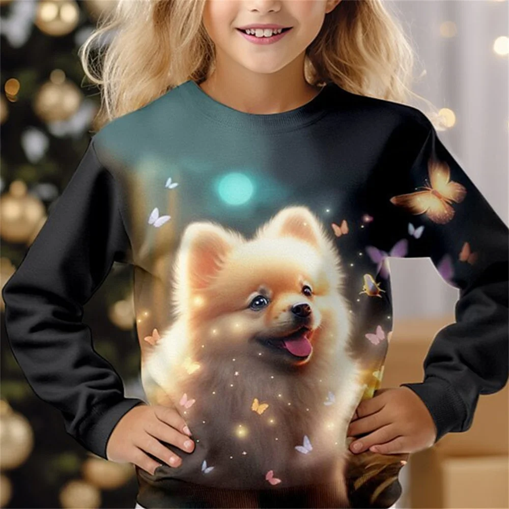 Children\'s Clothing For Girls 6 To 14 Years Long Sleeve Animal T-Shirt Dog Elephant Cat Kids Designer Clothes One Piece T Shirts