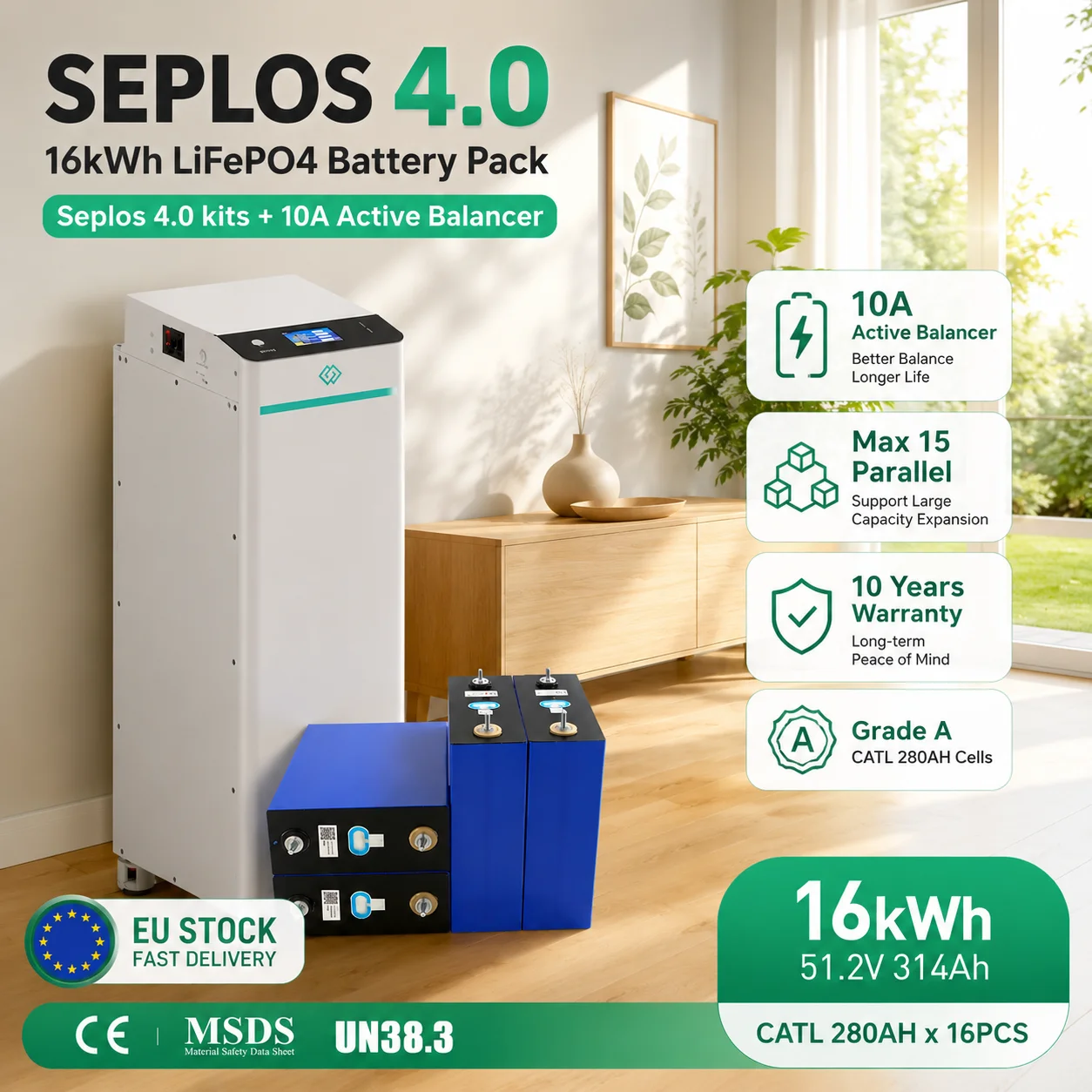 EU Stock Lifepo4 Battery CATL280 CATL314 Grade A 15kWh 16kWh Seplos V4 Kit DIY Rechargeable Battery Pack CAN RS485 Solar Storage