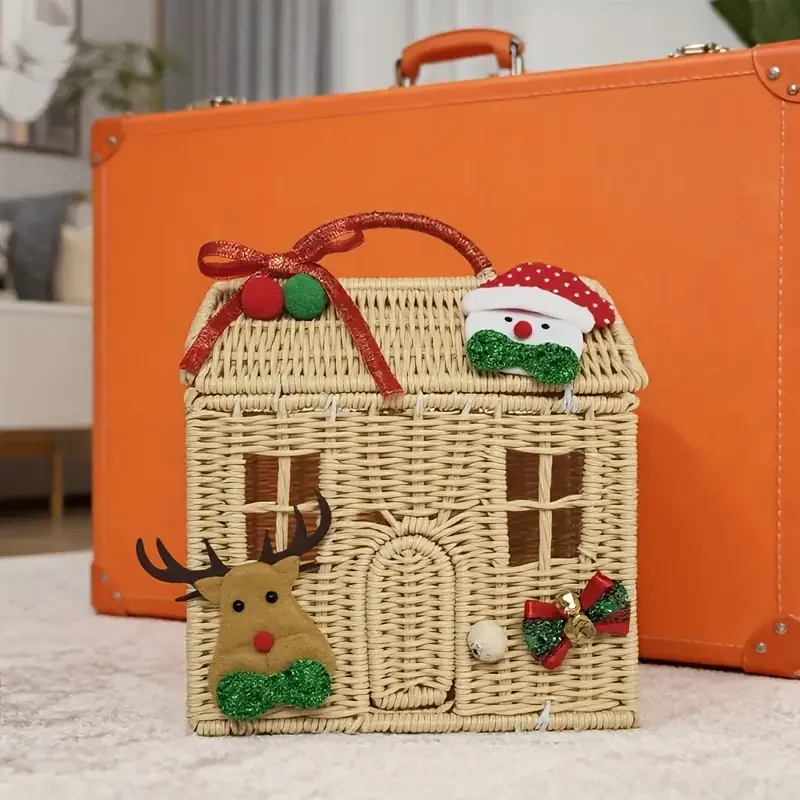 Cute Hand-Knitted House-Shaped Basket, Creative and Attractive Basket with Christmas Tree, Gloves, and Reindeer Decorations, Christmas and Halloween Holiday Gift Decoration Storage Basket, Small Item Storage Basket