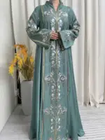 Abaya musulman sarcelle 2025 avec col montant et broderie florale exquise, idéale pour les festivités islamiques et les célébrations du Ramadan 1