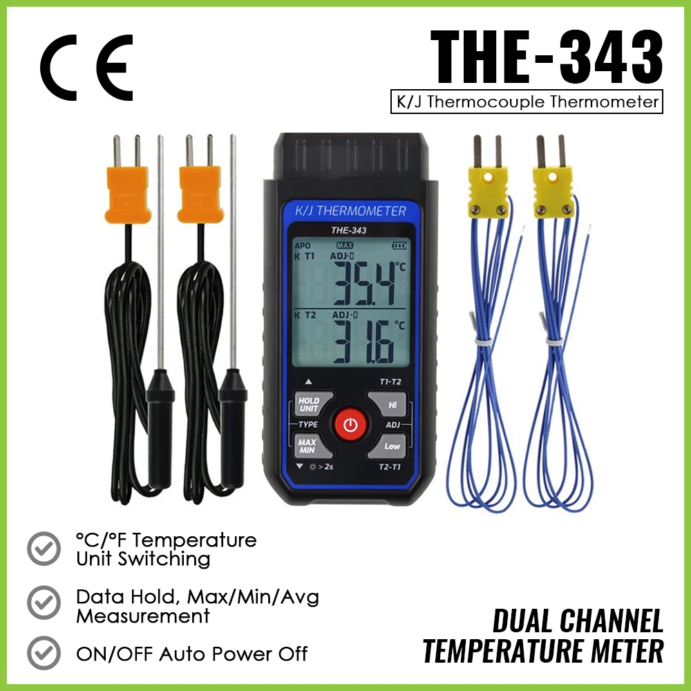 Termômetro Termopar Digital tipo k j para Medição de Temperatura Digital T1-t2 com Luz de Fundo e Compensação de Temperatura