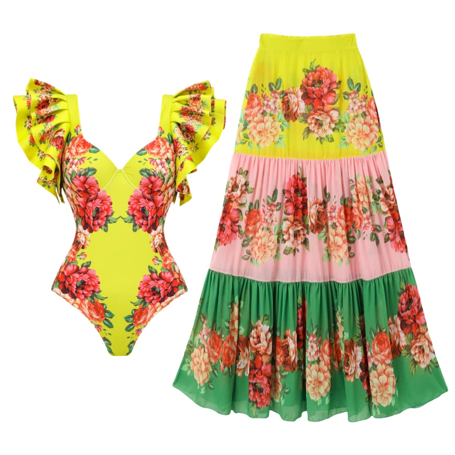 

2024 Ruffles Colorful Flower Print One Piece Swimsuit and skirt Swimwear Set Women Beachwear Luxury Bathing Suit bikini