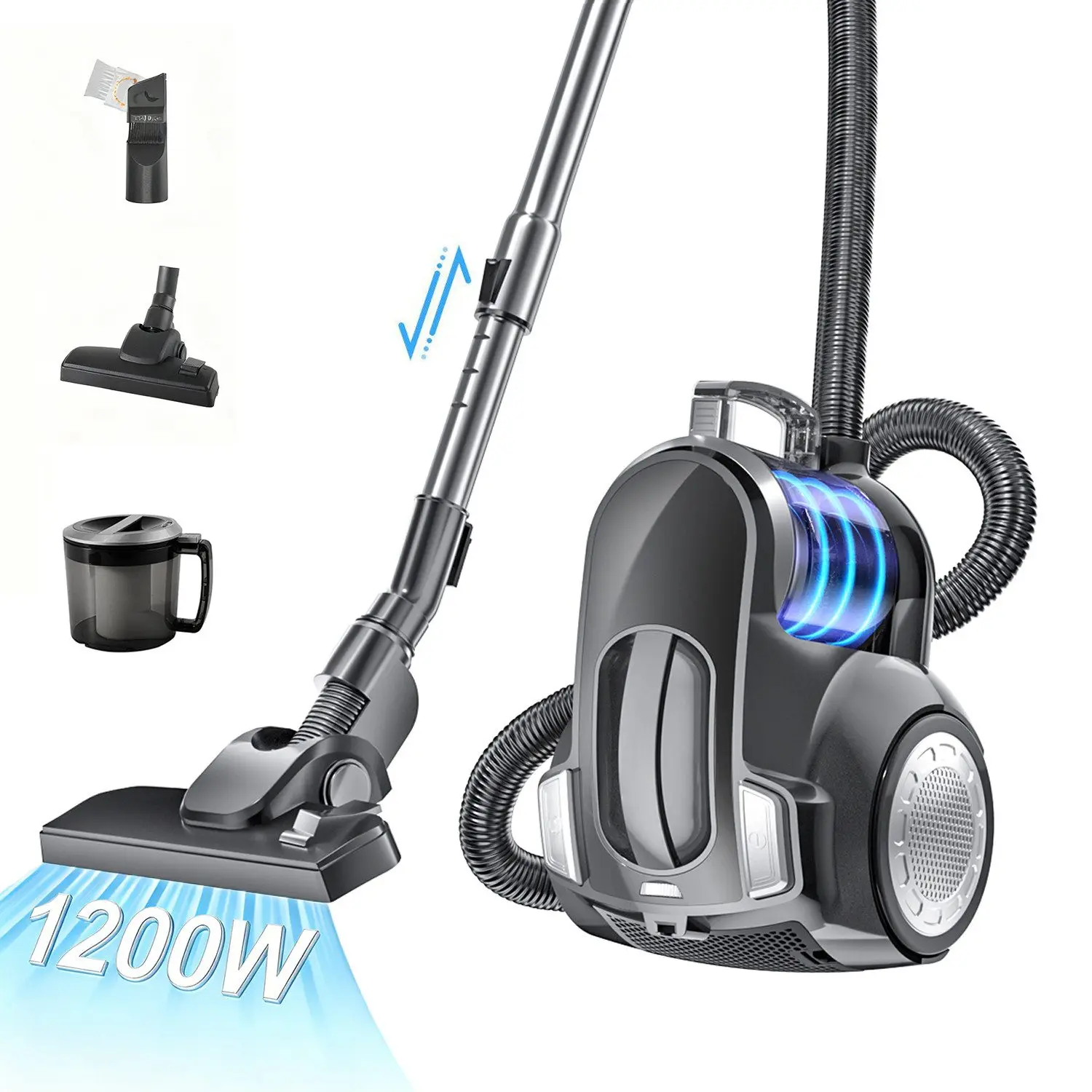 Stofzuiger voor vloeren, 1200 W, zonder stofzak, krachtige zuigkracht, compacte en lichte stofzuiger voor harde vloeren en tapijten, stille werking, 2,5 liter stofopvangbak, 5,5 meter snoer.
