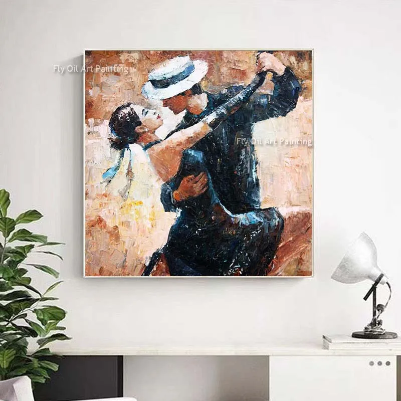 Hand Painted Vintage Oil Painting Man Woman Lovers Tango Dance In Black Suit Dress Flannel Canvas Wall Art For Home Decor