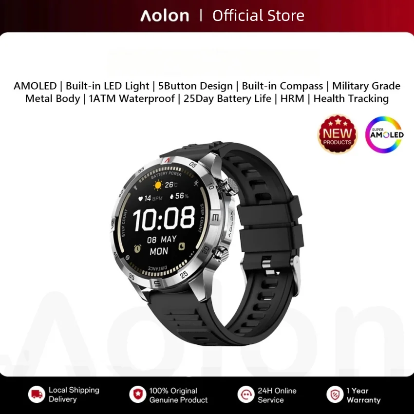 Aolon Military Smart Watch Compass Flashlight AMOLED Bluetooth Call Smartwatch 1ATM Waterproof For Outdoor Sport Fitness