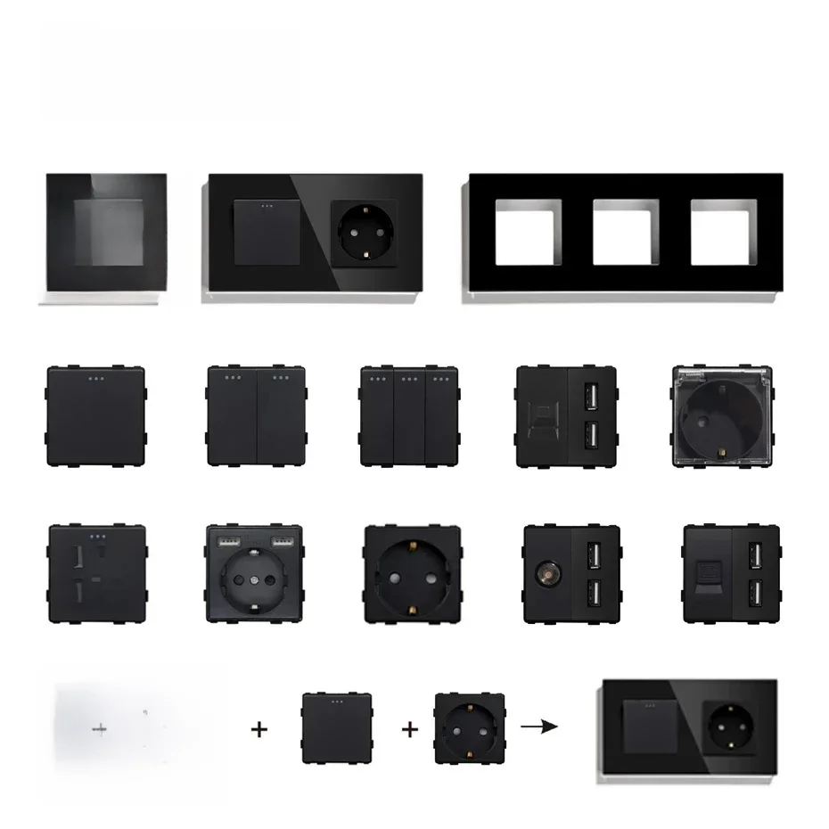 BSEED interrupteurs d'éclairage mural pièces de panneau de verre prises USB noires pièces de fonction bricolage EU CAT5 prises TV pièces de prise de courant