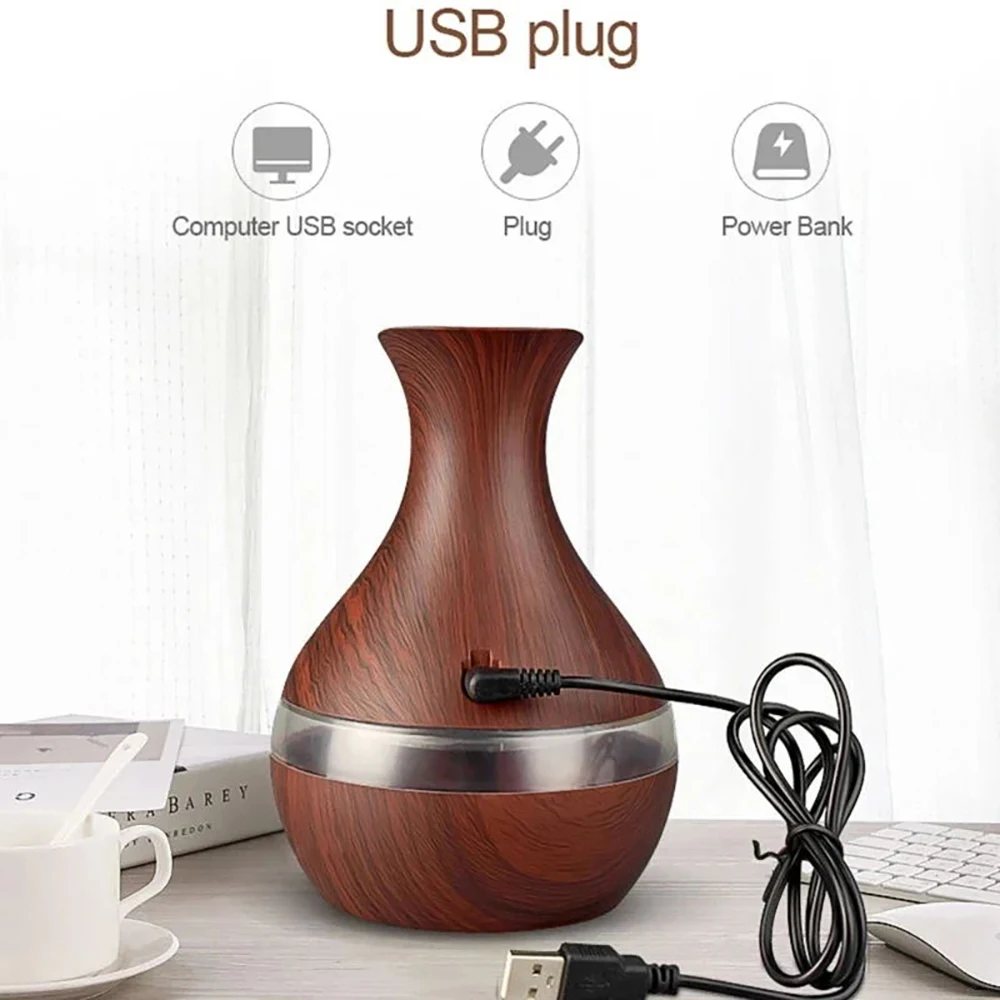 

USB Diffuser With 7 LED Night Lights Wood Grain Humidifier Night Light Includes 2 bottles Essential Oils