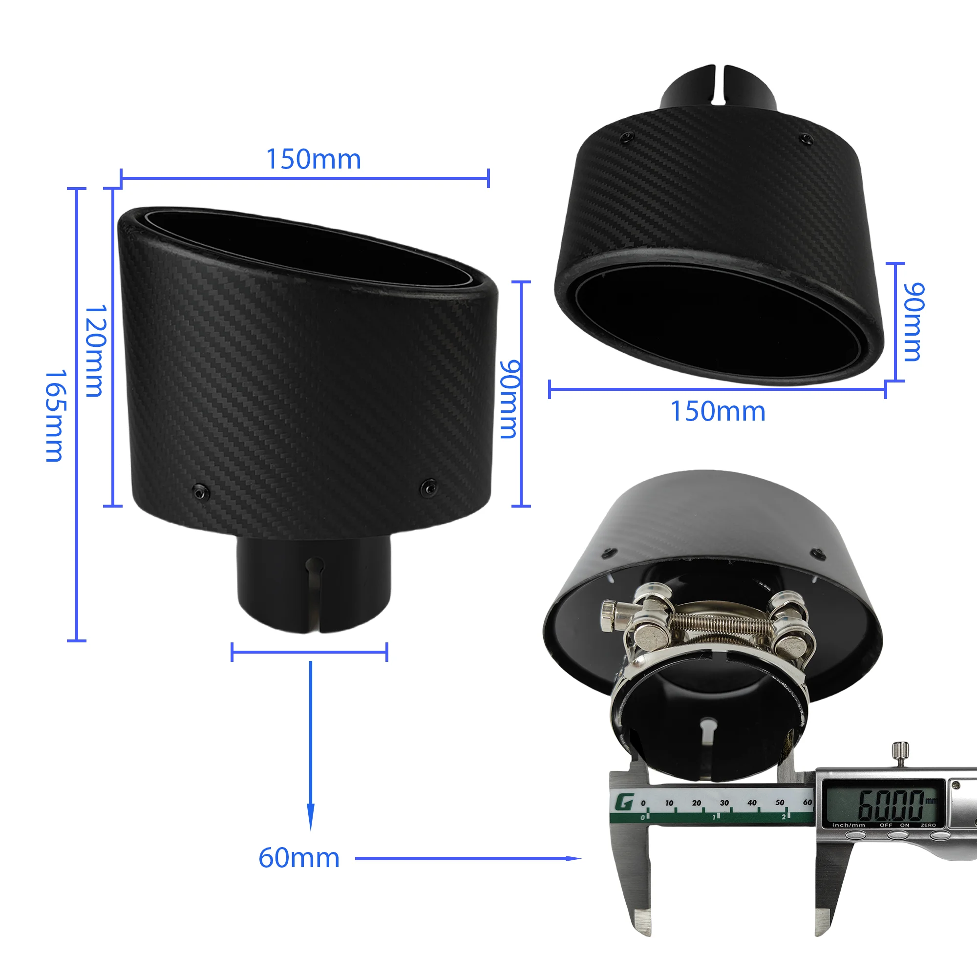 1 Stuks Universele Auto Matte Koolstofvezel Uitlaat Tip Uitlaatpijp Nozzle Decoratie Roestvrij Zilver Ovaal 150 Mm Kantelen links Rechts