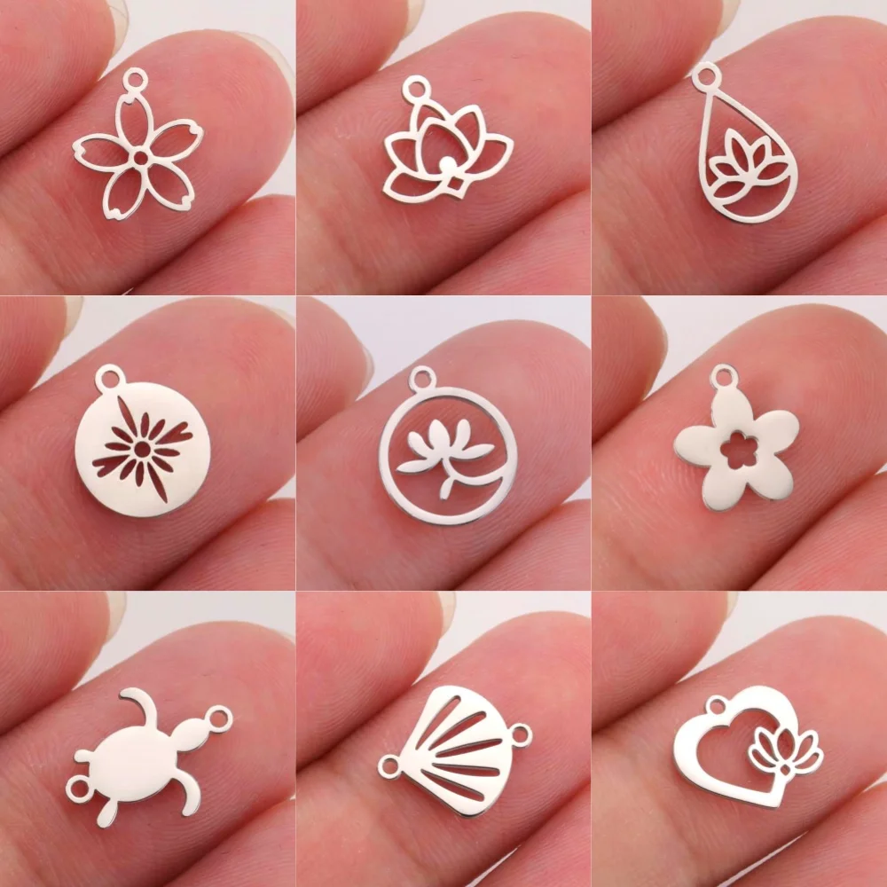 EUEAVAN 5pcs Lotus Flower Stainless Steel Charms for Bracelets Necklace Tiny Sun Shell Charm Pendant DIY Jewelry Making Supplies