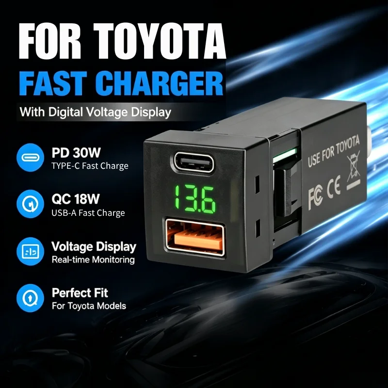 48W Car USB Charger for Toyota Dual Port USB Type C Fast Charging Adapter PD 30W QC3.0 18W with LED Voltage Display 12V 24V