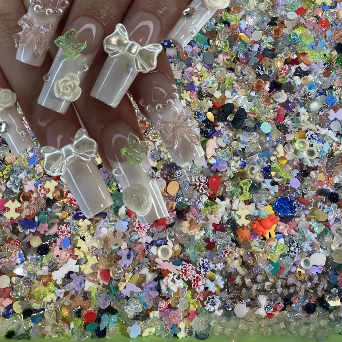 500-600 pièces mixte nœud papillon coeur fleurs breloques pour ongles 3D bonbons couleurs mélangées Kawaii résine Nail Art strass coréen manucure pièces
