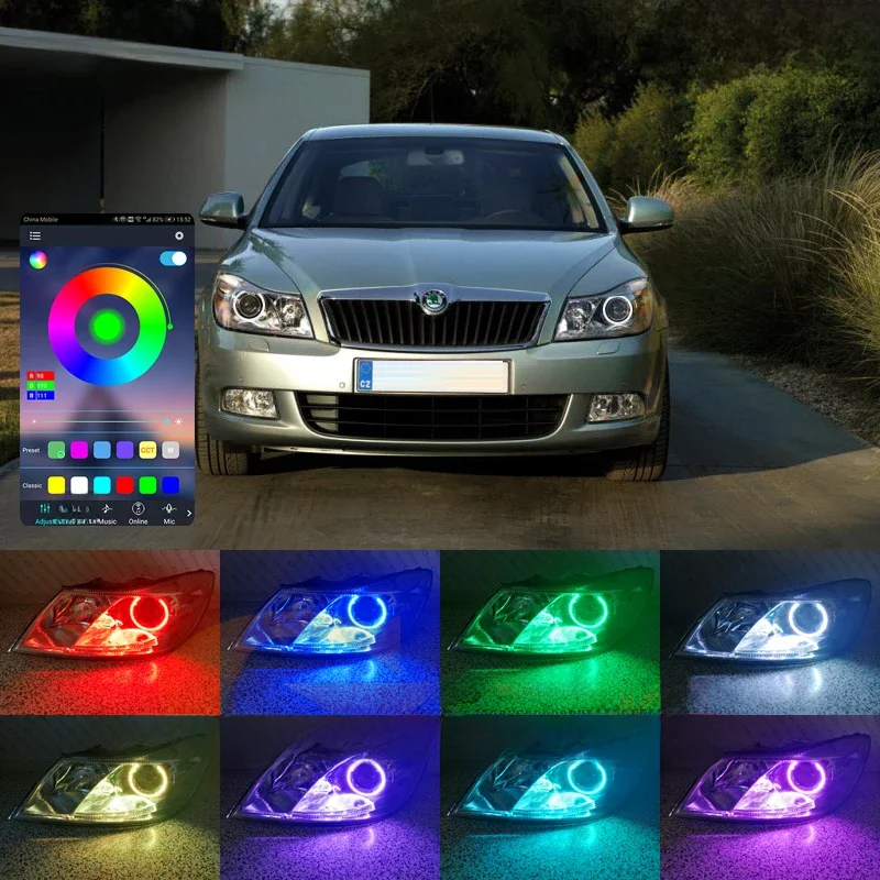 głosem dla SKODA OCTAVIA MK2 A5 FL 2009 2010 2011 2012 RF Remote BT App Multi-Color Ultra Bright RGB LED Angel Eyes Kit Halo Rings — zdjęcie 2