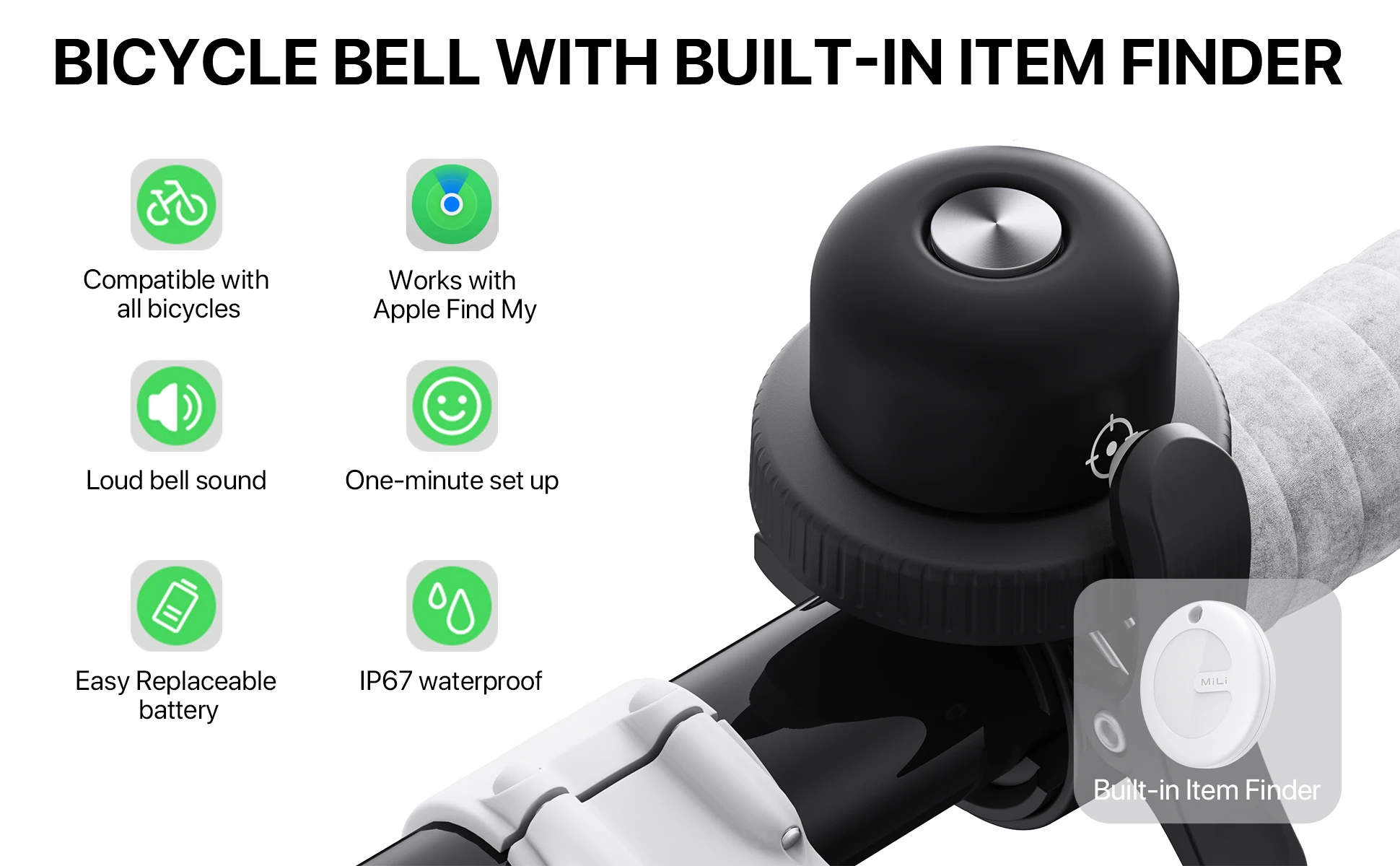 Bicycle Bell with built-in item finder Alloy Brackets ipx6 MFi Certified Bluetooth GPS Locator Tracker Anti-loss Device