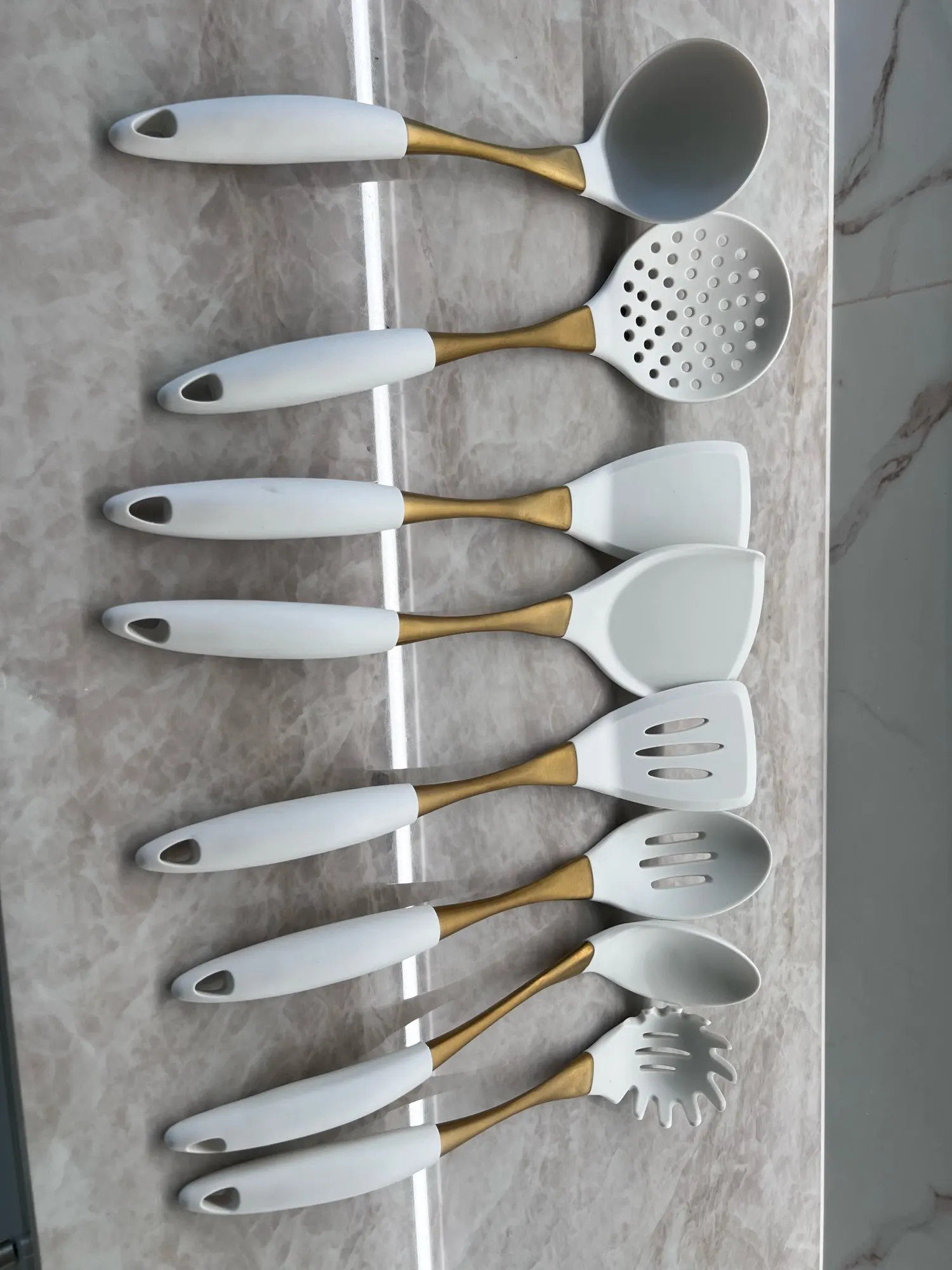 8Pcs White Gold Silicone Kitchenware Cooking Utensils Kitchen Accessories Spatula Turner Heat-resistant Pasta Colander Shovel photo review