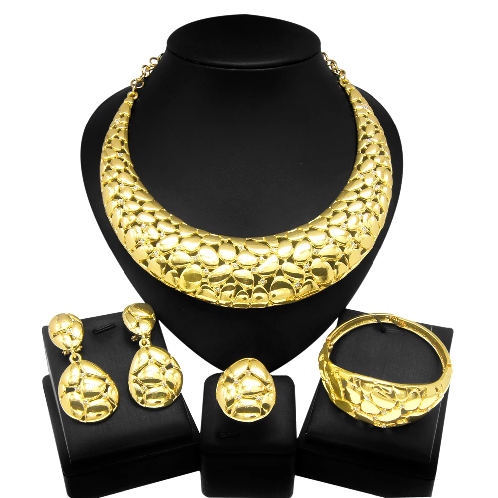 Fashion Woman Jewelry Set Round Necklace Dubai Gold Plated Earrings Bracelet Simple Style Party Banquet Jewelry