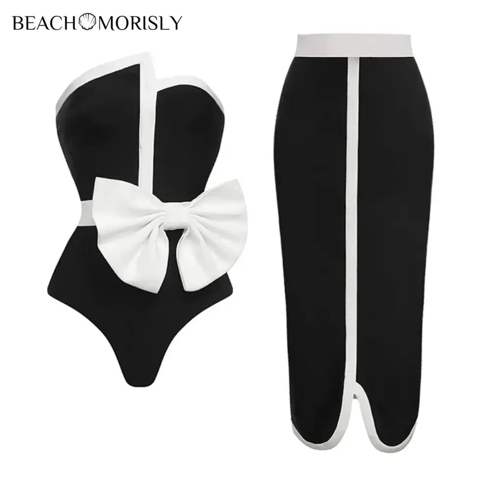 2024 Women Swimsuit  Black Off Shoulder Bow Tie  and Skirt Swimwear Set  Vacation Beachwear Luxury Bathing Suit One Piece