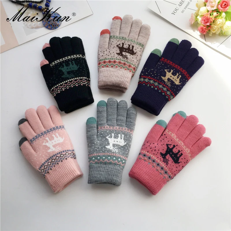 Maikun Cartoon Fawn Double-Layer Knitted Gloves For Autumn And Winter Fashion Warmth Student Thickened Touch Screen Gloves