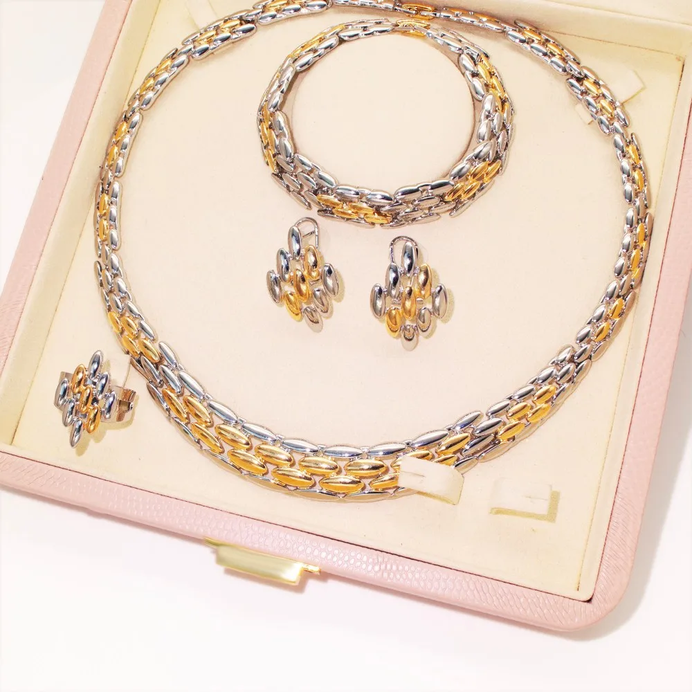 GZJPEI Italian Design Jewelry Set Gold Silver Color Two Tone Necklace Bracelet Geometry Stud Earring Ring For Women Wedding Gift