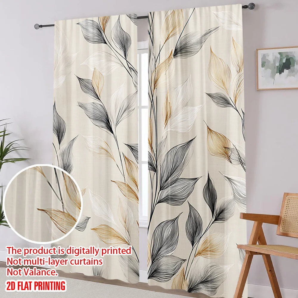 2PCS multi-color minimalist leaf pattern printed curtains with pole bag design, suitable for bedrooms and living rooms