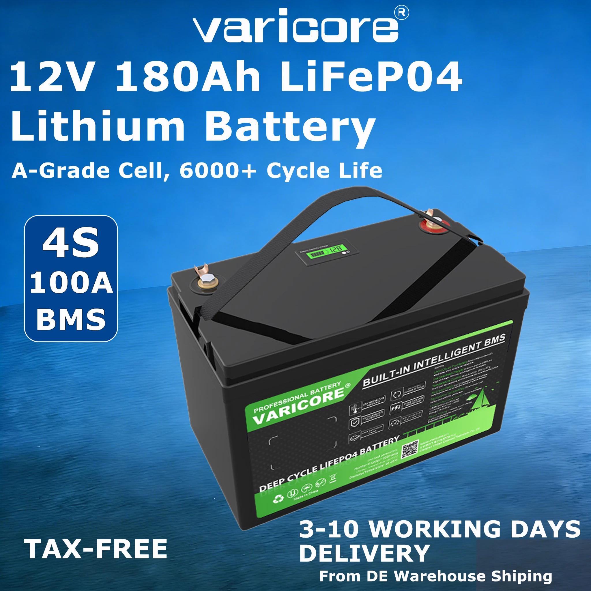 Varicore 12V LiFePo4 Batterij 180AH 6000+ Deep Cycle BMS Bescherming Grade A Cellen EU Voorraad Belastingvrij voor Camper Solar