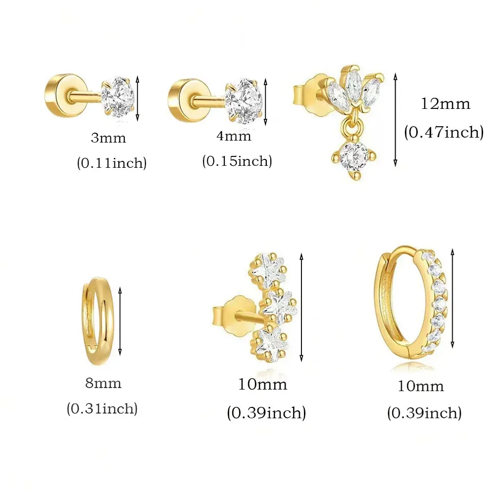 6Pairs Stainless Steel Huggies Star Hoop Earrings Set for Women, Trendy Zircon Pendant Statement Piercing Jewelry Aretes