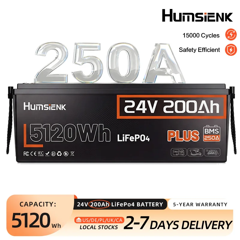 Humsienk 24V 200Ah LiFePO4 Lithium Battery 5120Wh Grade A Lithium Iron Phosphate For Solar, RV, Marine,Camp, 5-Year warranty