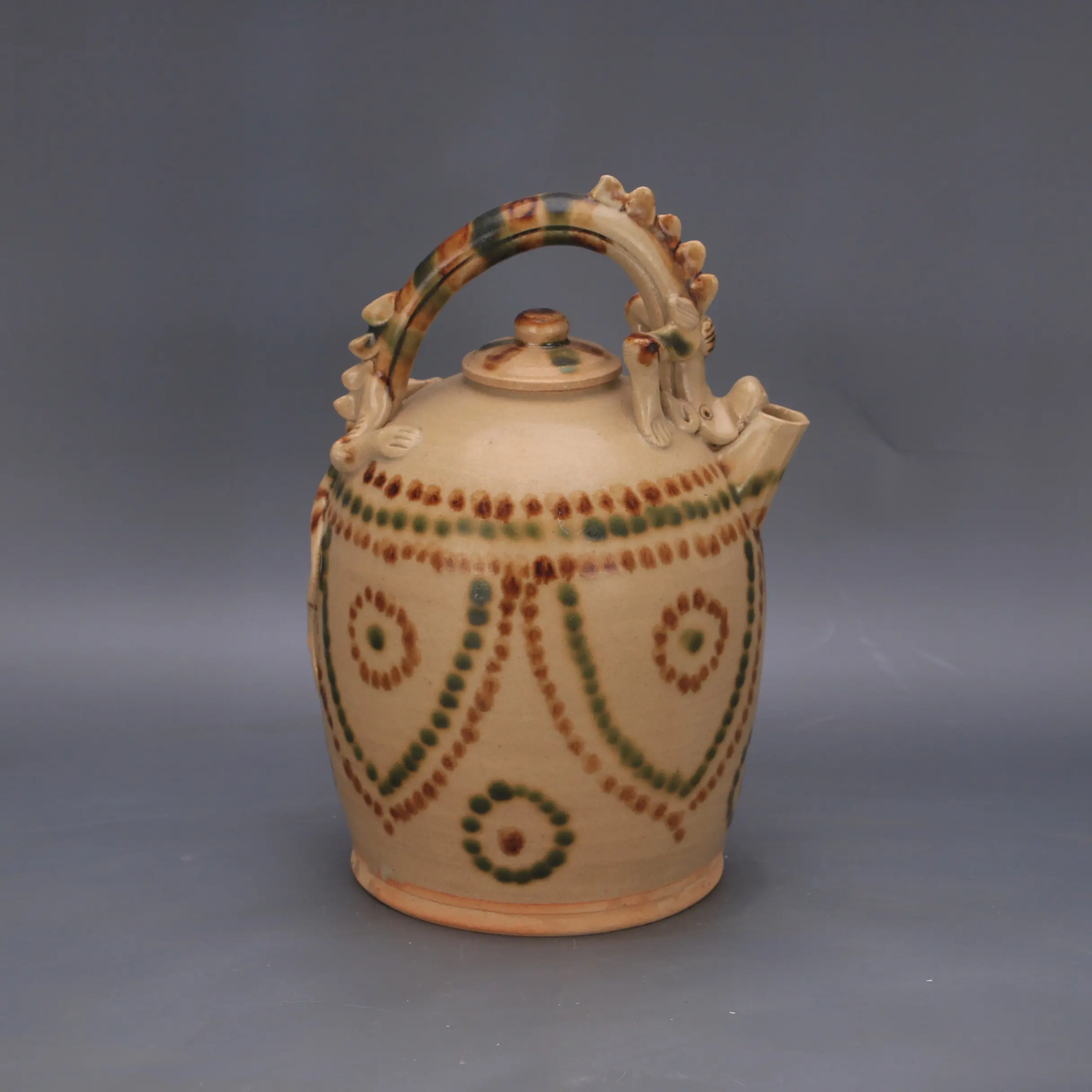 Tang Dynasty Style Changsha Kiln Color Splash Dragon Handle Teapot Hand Painted Ceramic Vintage Home Decor Collectible