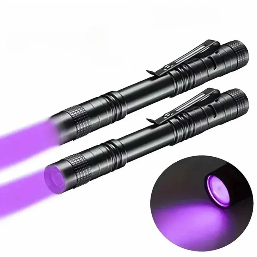 Lampe de poche UV 395nm, torche ultraviolette avec pince à stylo, lumière violette Portable, détecteur d'urine animale et de Scorpion, lampe UV, utiliser des piles AAA