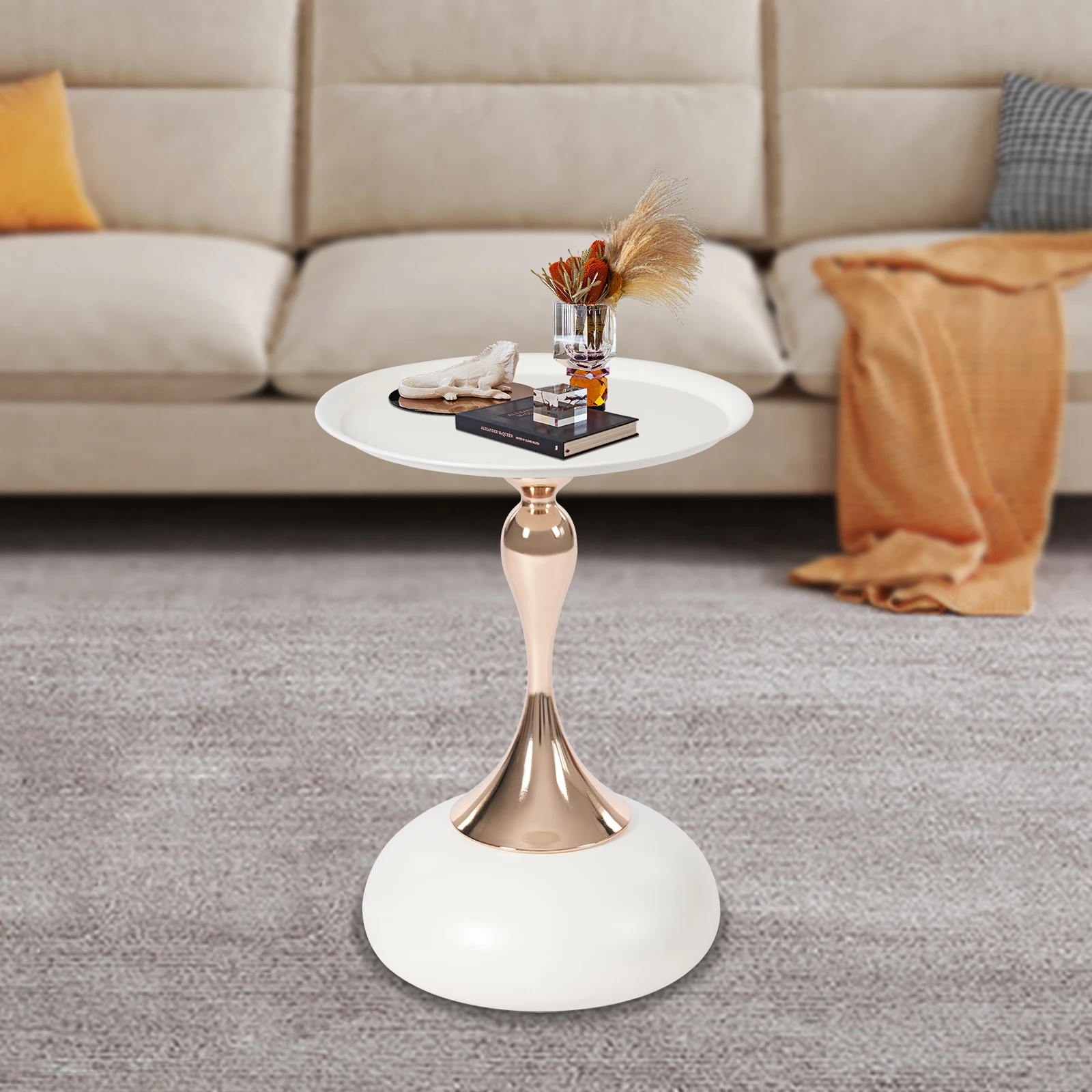 Mermaid Style Round End Table, White & Gold Metal Side Table with 6.6lb Capacity, Modern Accent Table for Living Room
