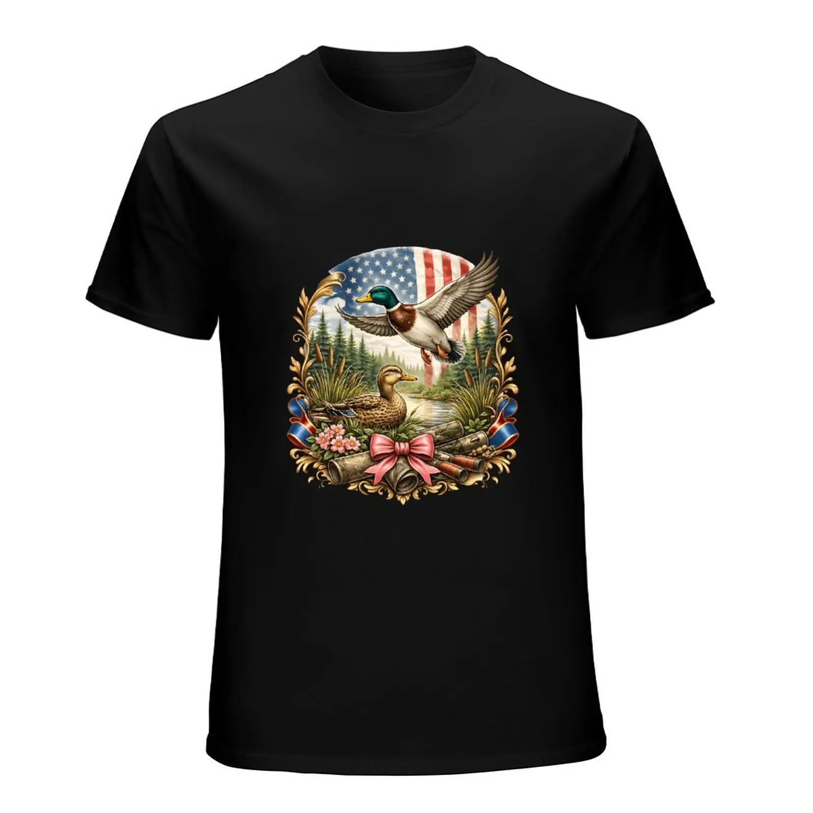 Wetland Wild Reed Mallard Duck Camo Bow Black Tshirt Angler Camping Oversized Casual Short Sleeve Top