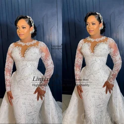 Customized Sequined Mermaid Wedding Dress Exquisite Sheer Neck Lace Long Sleeves Bridal Gowns Court Train vestido de novia