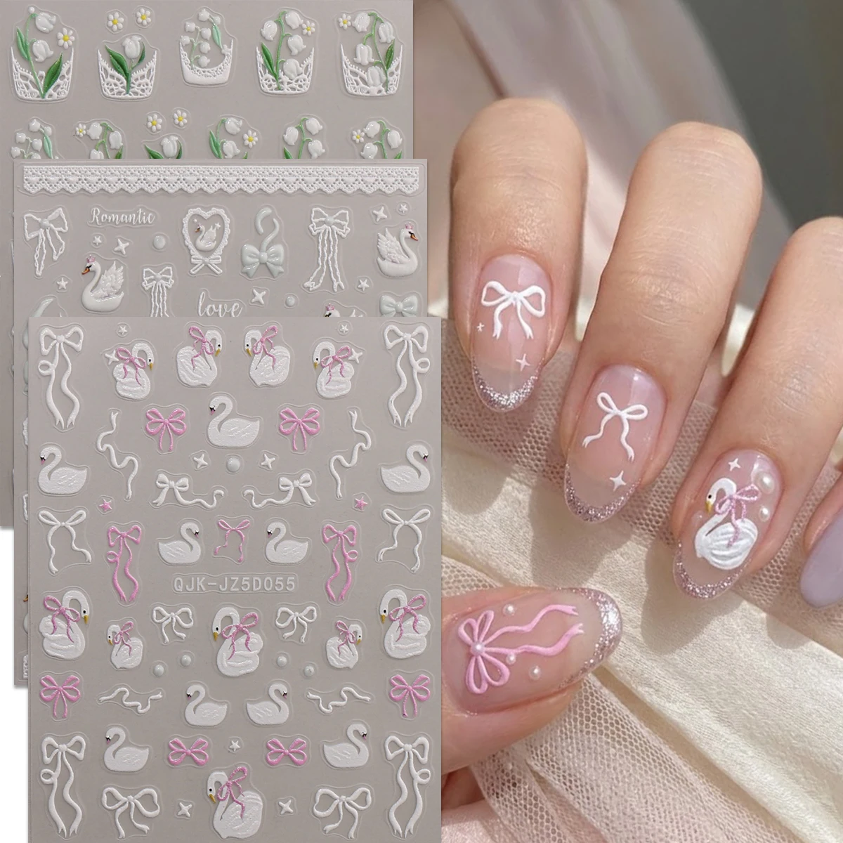 5D Geprägte Schwan-Schleifen-Nagelaufkleber, Maiglöckchen-Spitzen-Abziehbilder, Französischer Ballett-Stil Selbstklebende Nagelkunst für Hochzeiten