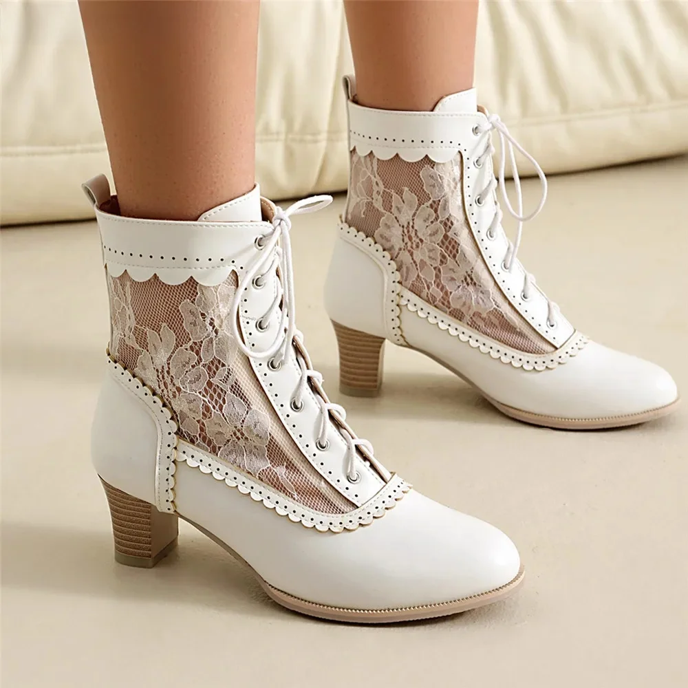Bottes de rinçage victoriennes en cuir pour femmes, dentelle creuse, chaussures à talons en maille pour femmes, talons hauts épissés à lacets, mode