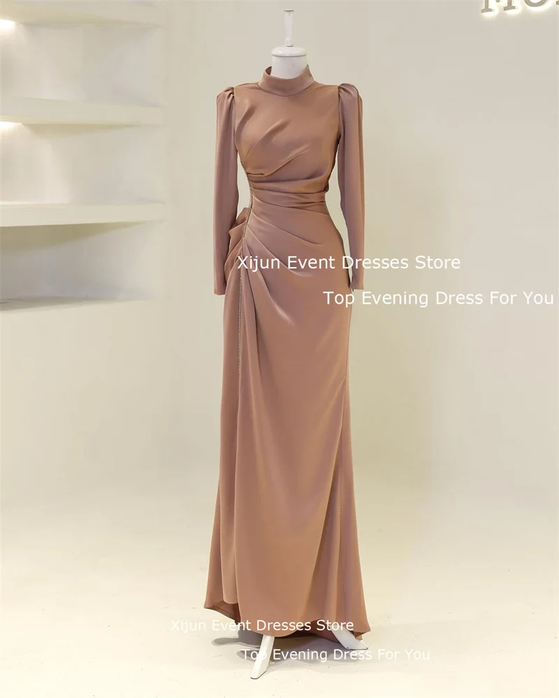 Xijun Modest Arabic Women Evening Dresses Long Sleeves High Neck Silk Satin Pleats Formal Occasion Prom Dress Party Gowns 2024