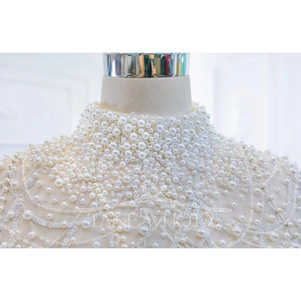 Vestido de novia de perlas, cuello alto, manga larga, vestido de fiesta blanco marfil de lujo, vestidos de novia