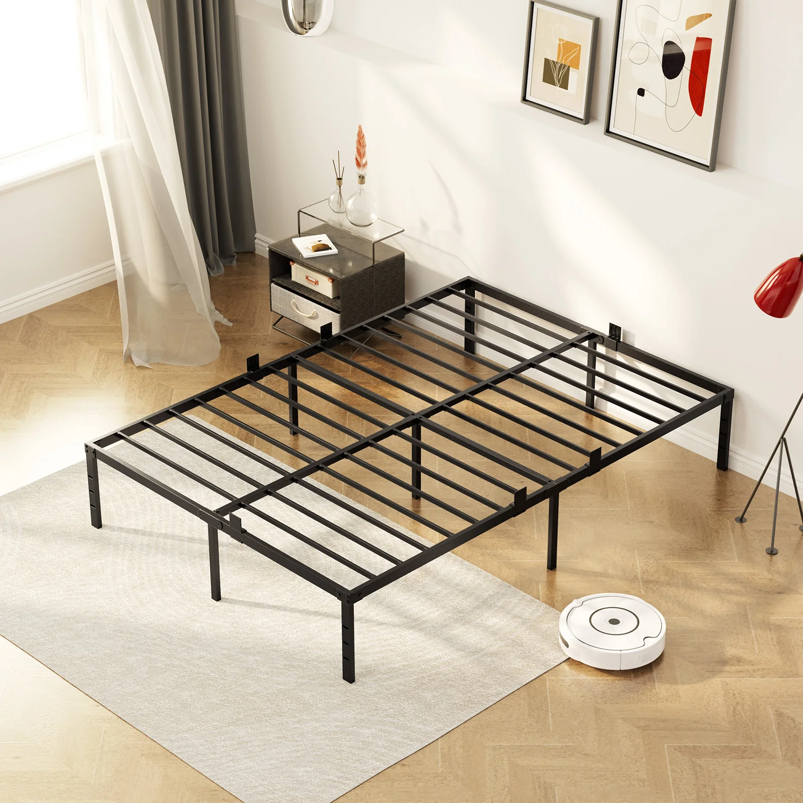 Cadre de lit double en métal 160×200cm,lit adulte et enfant avec 14 sommier lattes,rangement sous le lit de 32 cm,9 pieds,noir