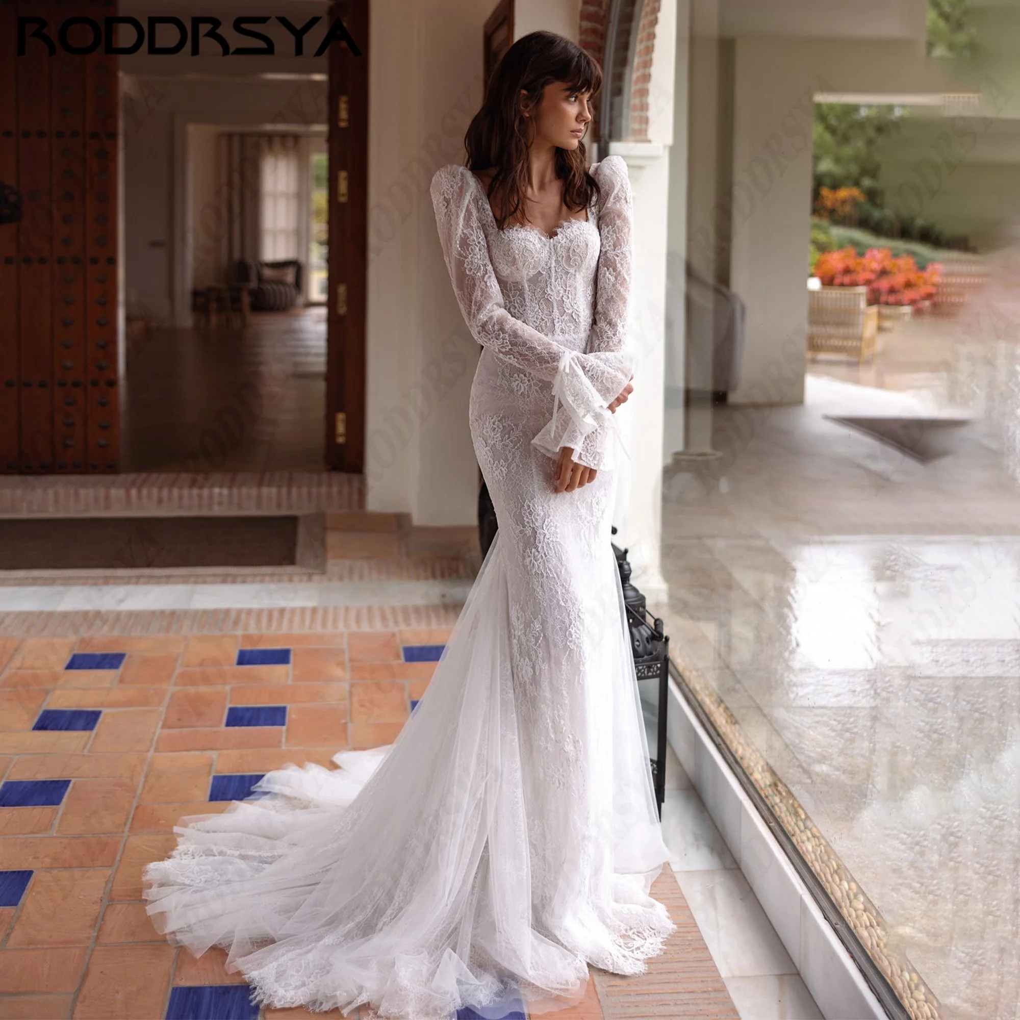 RODDRSYA Customized Sweetheart Long Puff Flare Sleeves Mermaid Wedding Dress Elegant Sheer Bodice Floral Lace Women Bridal Dress