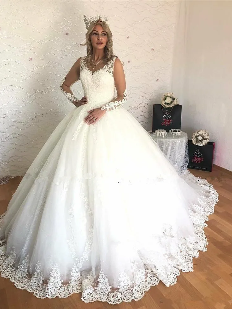 Vestidos De Casamento Princesa V-Neck, Manga Comprida Ilusão, Apliques De Renda, Tule Puffy, Vestido De Noiva Elegante