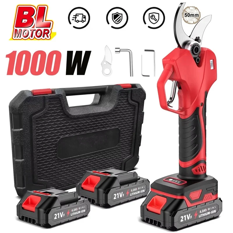 Sécateur électrique sans fil 1000W 50mm, outil de jardinage pour branches d'arbres fruitiers, avec 2 batteries