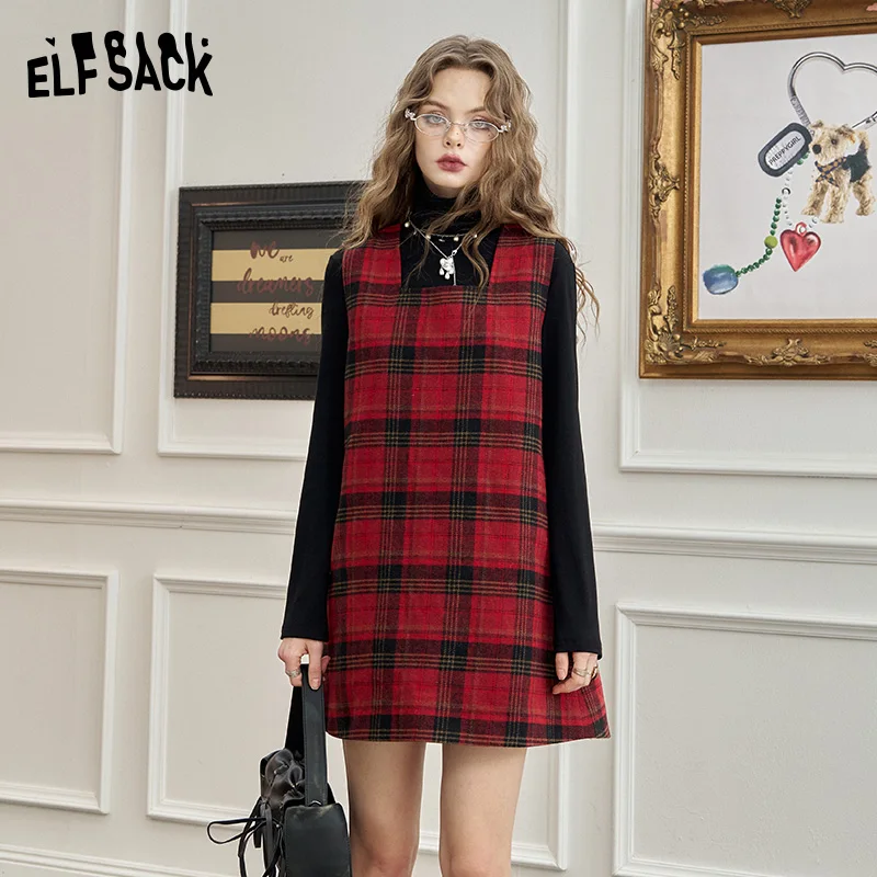 ELFSACK 2024 Winter New Arrivals Red plaid vest short dress for women, loose and slim casual preppy style skirt