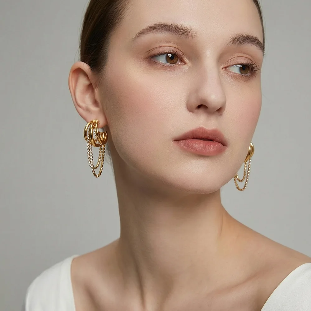 

Luxury Stainless Steel Multi Layer Hoop Earring for Women Statement Gold Silver Color Zircon Geometric Dangle Earrings Jewelry