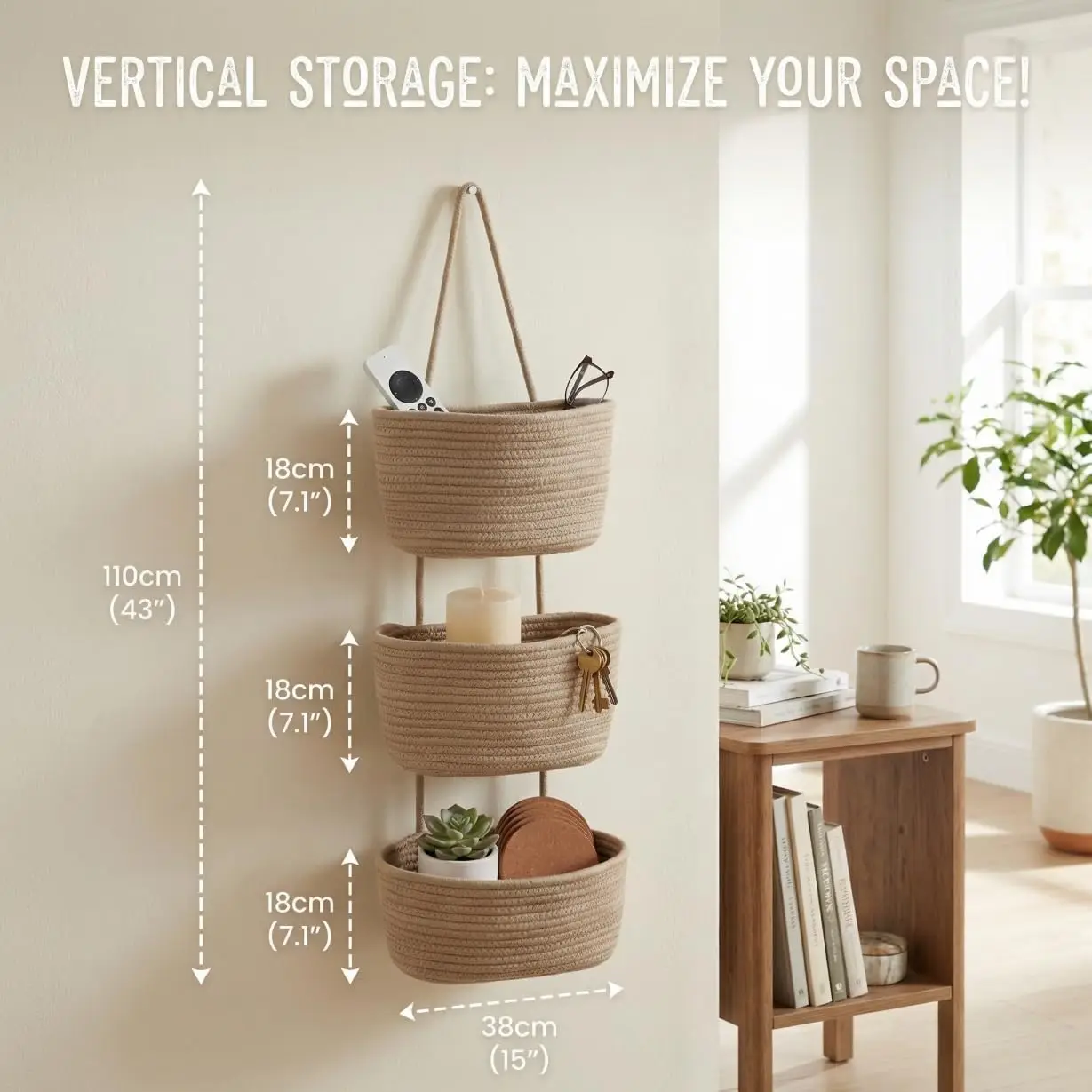 Hanging storage basket behind the door, three-layer woven cotton rope storage basket, wall-mounted decorative storage basket
