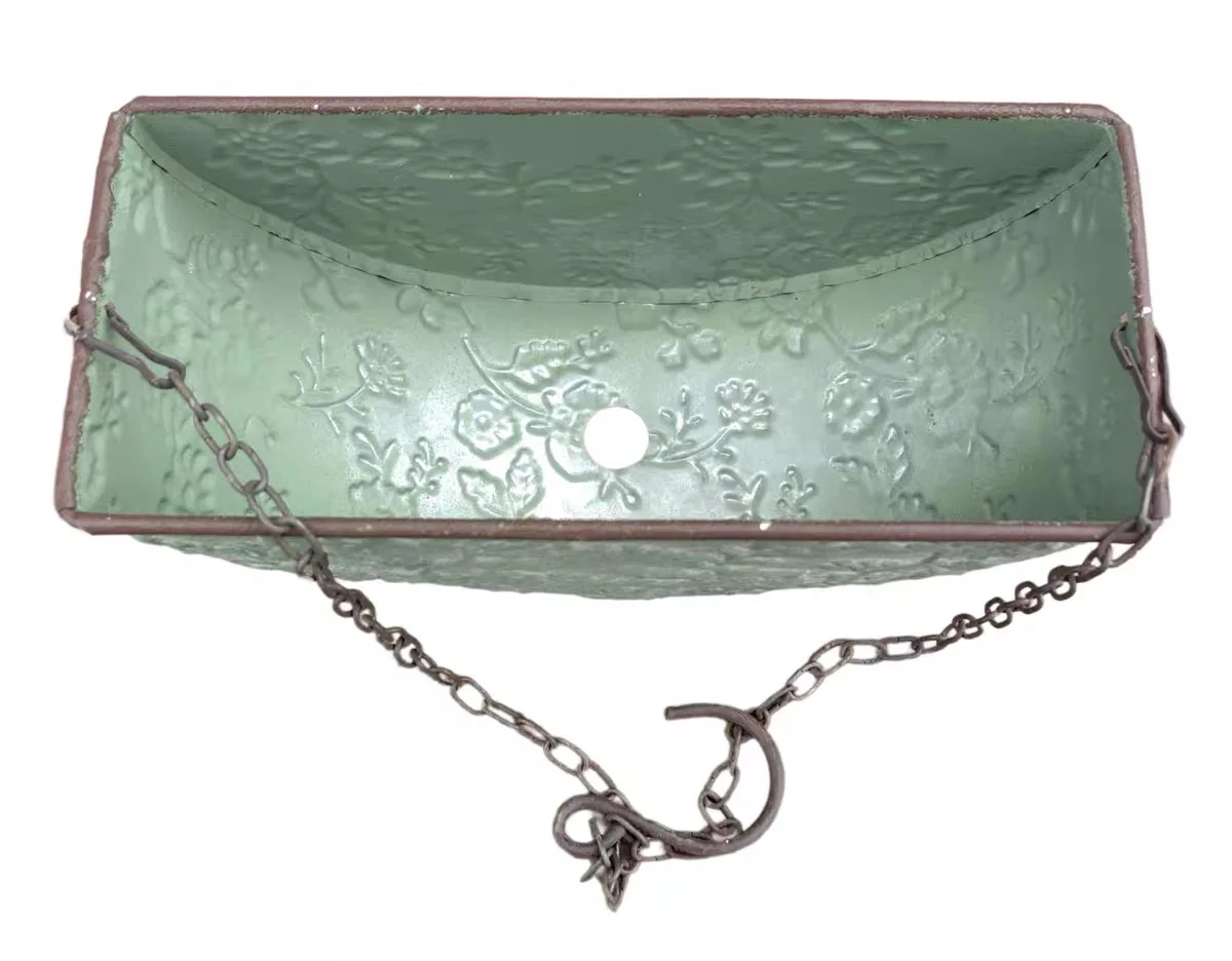 Vintage Metal Hanging Planter with Chain, Embossed Floral Half Moon Wall Plant Pot