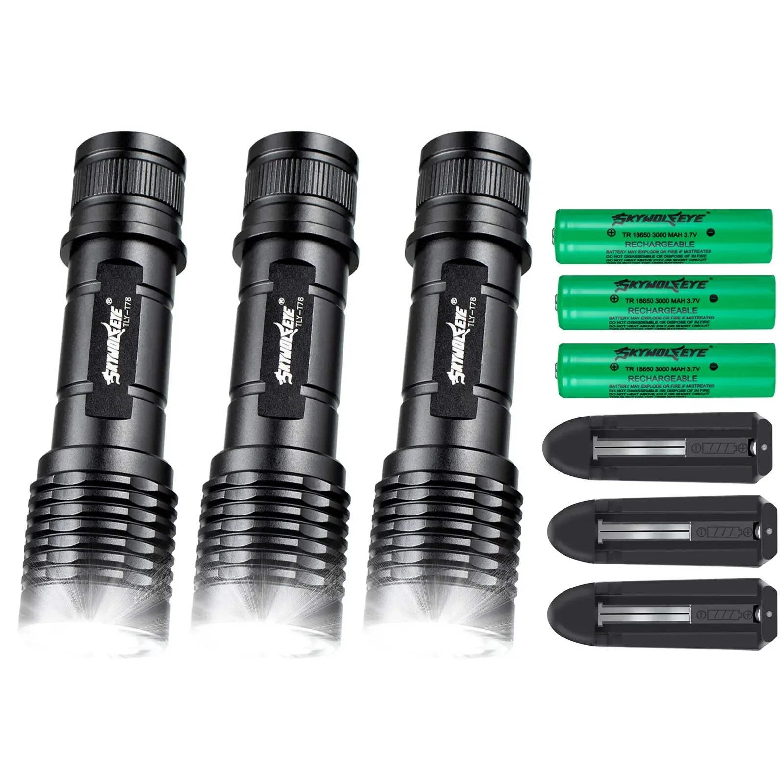 3 Pack Skywolfeye Super Bright Small Portable Working LED Torches Zoom with Battery and Charger for Emergency Inspection