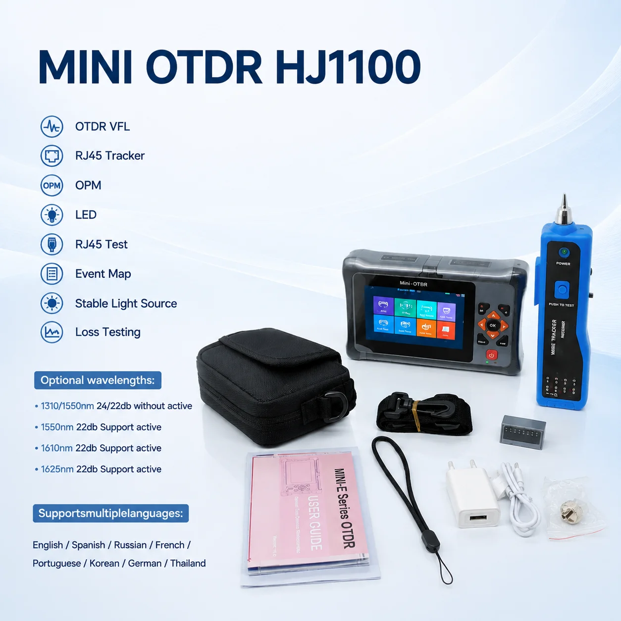 HJ1100 MINI OTDR 1310 1550 1610 1625NM Active Fiber Live Testing 100KM Built-in OPM/VFL/LS/RJ45 Network Testing  multilingual