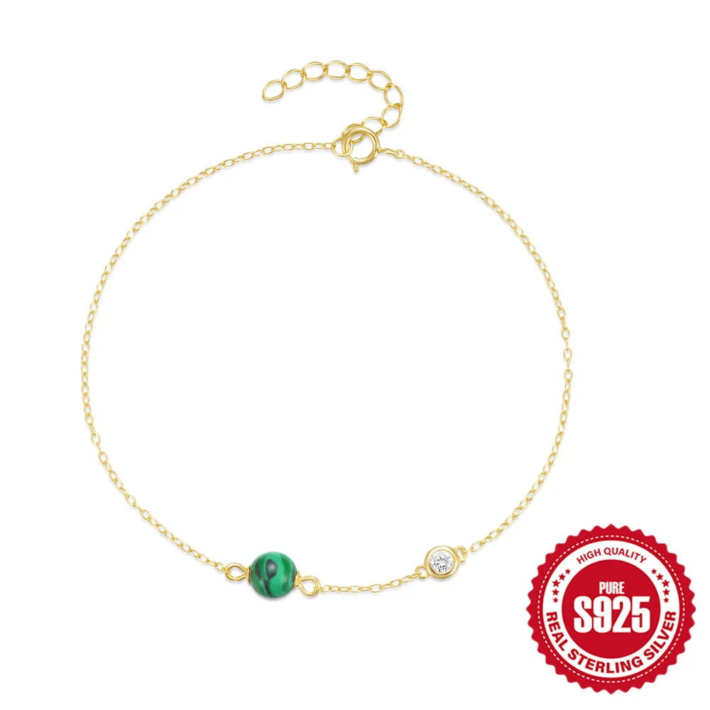 Aide 925 Sterling Silver Turquoise Malachite With Circle Zircon Bracelet For Women 18K Gold PlatedSimple Jewelry Gifts